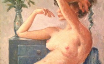 D'agosto, di Gigi Busato pittura olio su tela donna in posa nuda vicino a dei fiori. Collezione di famiglia