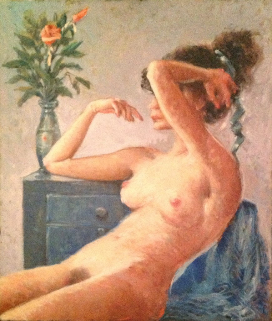 D'agosto, di Gigi Busato pittura olio su tela donna in posa nuda vicino a dei fiori. Collezione di famiglia