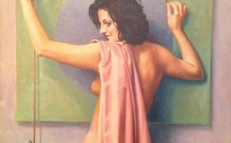 Soppesare di Gigi Busato. Opera pittura olio su tela donna nuda con una mela verde legata ad un filo. Collezione di famiglia