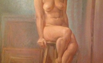 Donna in posa di Gigi Busato. Donna nuda seduta. Olio su tela, collezione di famiglia
