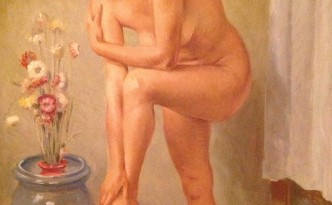 Donna in posa di Gigi Busato. Nudo con fiori, pittura olio su tela. Collezione di famiglia