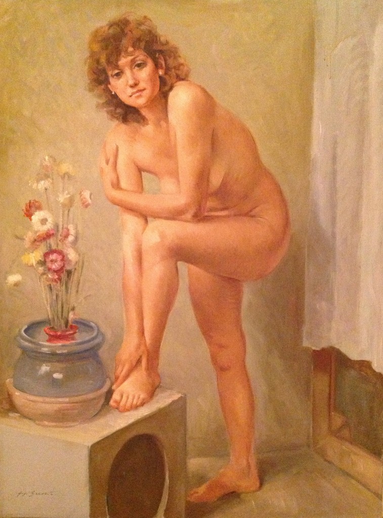 Donna in posa di Gigi Busato. Nudo con fiori, pittura olio su tela. Collezione di famiglia