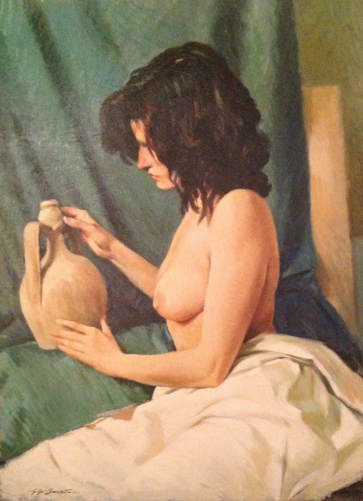 Immaginazione di Gigi Busato. Donna nuda in posa. Pittura olio su tela, collezione di famiglia