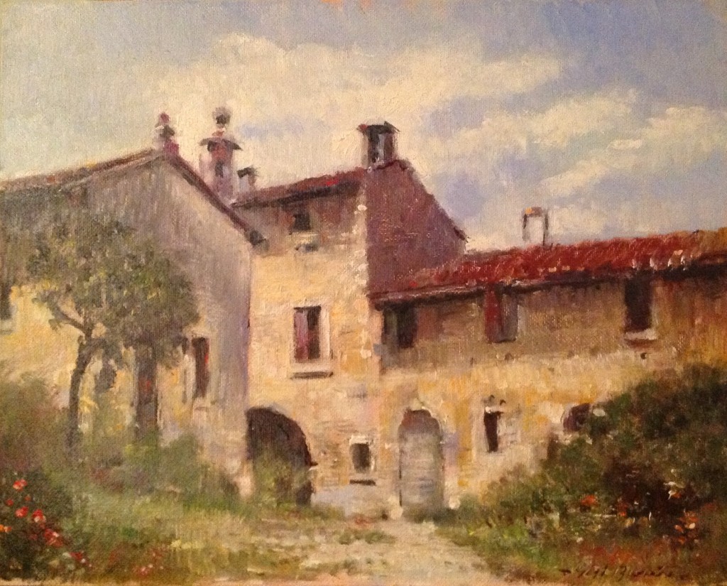 Alla corte di Gigi Busato. Pittura olio su tavola di una antica casa  di campagna. Collezione di famiglia