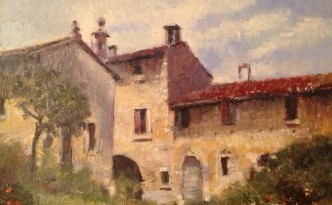 Alla corte di Gigi Busato. Pittura olio su tavola di una antica casa di campagna. Collezione di famiglia