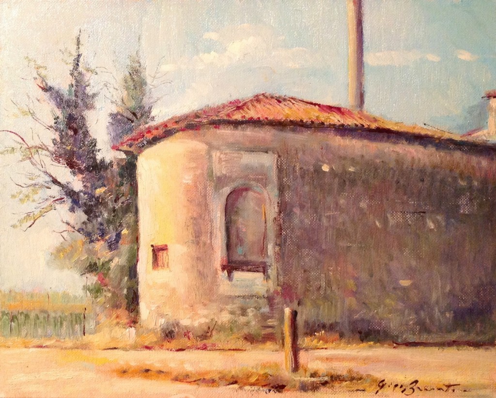 Pini di Gigi Busato, casolare in campagna con due pini. Olio su tavola, collezione di famiglia