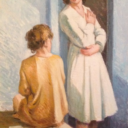 Confidenze di Gigi Busato pittura olio su tela due donne amiche. collezione di famiglia