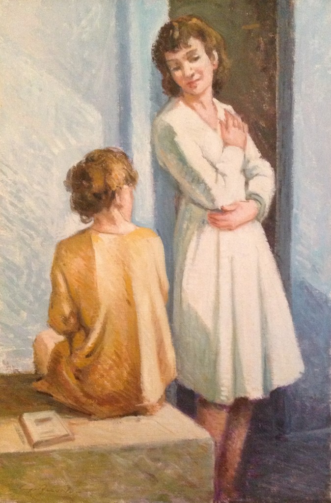 Confidenze di Gigi Busato pittura olio su tela due donne amiche. collezione di famiglia