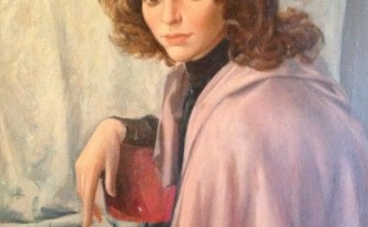 Posare lo sguardo di Gigi Busato, donna seduta in posa. Pittura olio su tela collezione di famiglia.