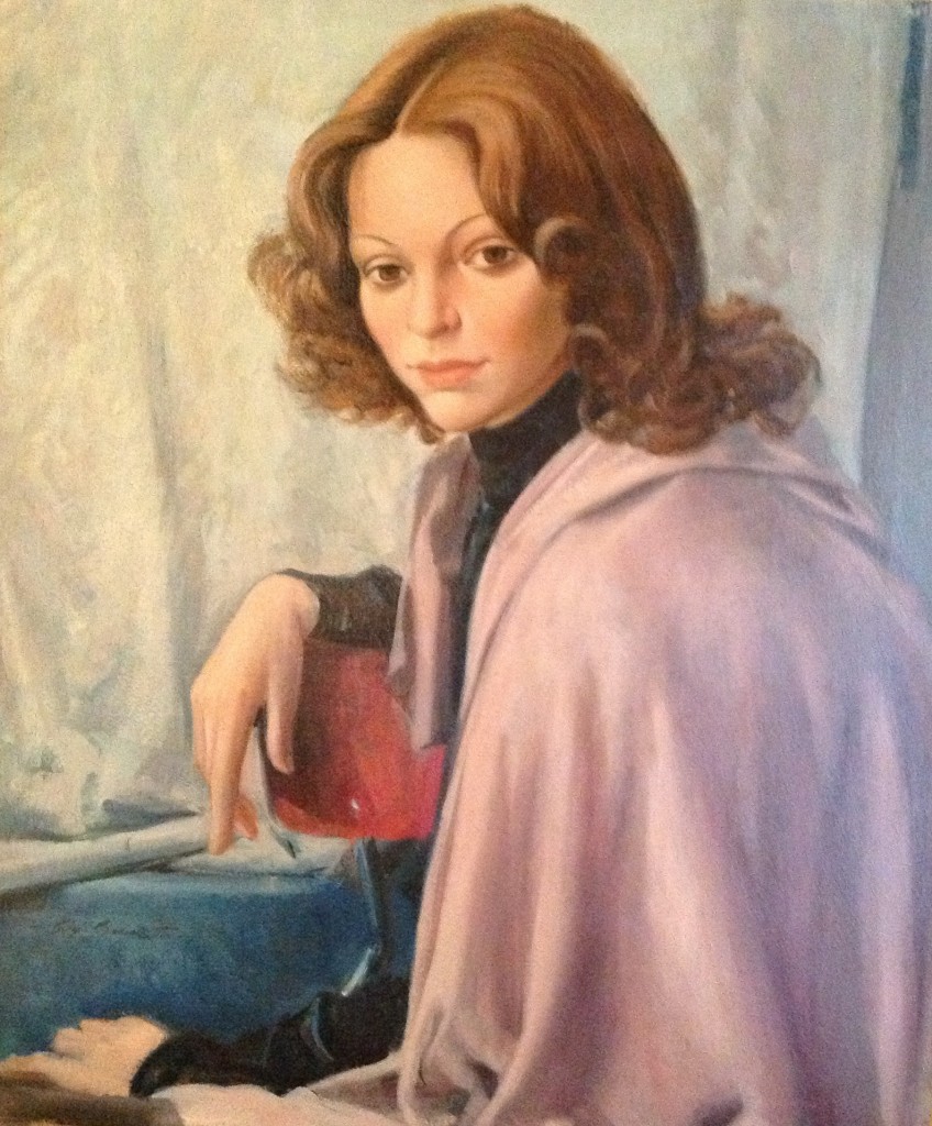 Posare lo sguardo di Gigi Busato, donna seduta in posa. Pittura olio su tela collezione di famiglia.