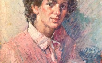 Cristal di Gigi Busato, donna seduta in posa con un bicchiere in mano. Pittura olio su tela collezione di famiglia.
