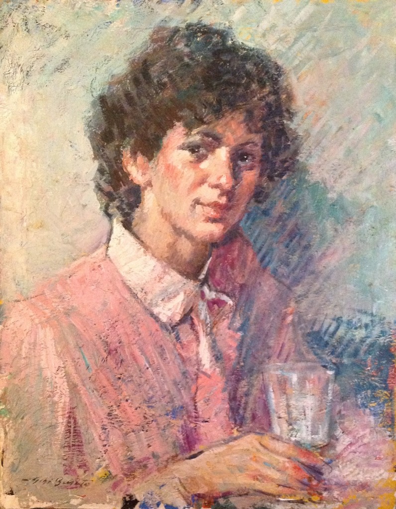 Cristal di Gigi Busato, donna seduta in posa con un bicchiere in mano. Pittura olio su tela collezione di famiglia.
