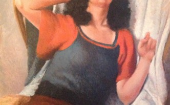 In posa, di Gigi Busato. Giovane donna che posa seduta. Pittura olio su tela, collezione di famiglia