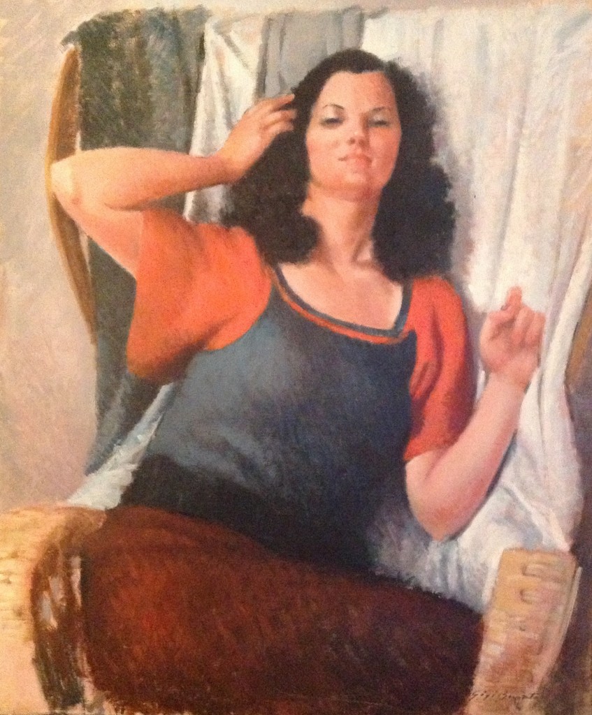 In posa, di Gigi Busato. Giovane donna che posa seduta. Pittura olio su tela,  collezione di famiglia