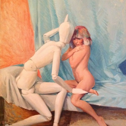 Tentare di Gigi Busato, donna nuda in posa che si lascia tentare da un manichino idea di uomo. Collezione di famiglia pittura olio su tela