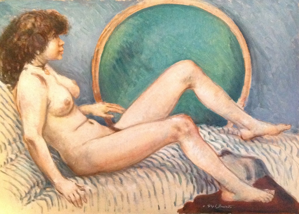 In posa , di Gigi Busato. Donna nuda distesa. Collezione di famiglia. Pittura olio su tavola