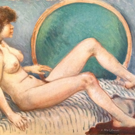 In posa , di Gigi Busato. Donna nuda distesa. Collezione di famiglia. Pittura olio su tavola