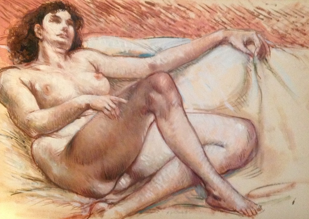 Distesa, di Gigi Busato. Donna nuda in posa distesa. Pittura olio su tavola, collezione di famiglia