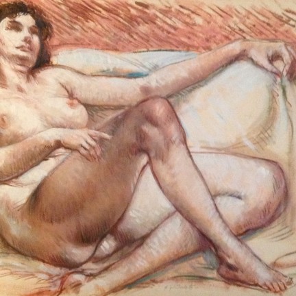 Distesa, di Gigi Busato. Donna nuda in posa distesa. Pittura olio su tavola, collezione di famiglia