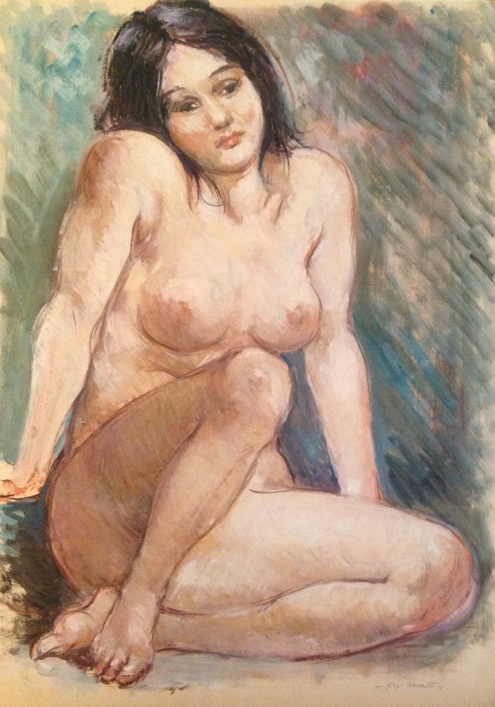 Ines, di Gigi Busato. Donna nuda in posa seduta in terra. Pittura olio su tavola, collezione di famiglia