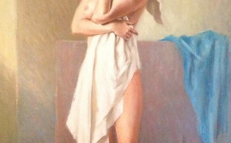 Coccole di Gigi Busato. Pittura olio su tela di donna nuda coperta da un velo bianco vicino ad un vaso di rose rosa. Collezione di famiglia