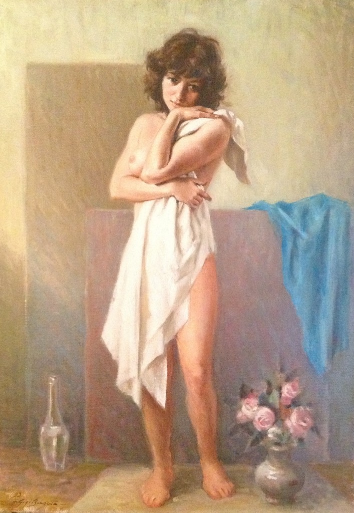 Coccole di Gigi Busato. Pittura olio su tela di donna nuda coperta da un velo bianco vicino ad un vaso di rose rosa. Collezione di famiglia