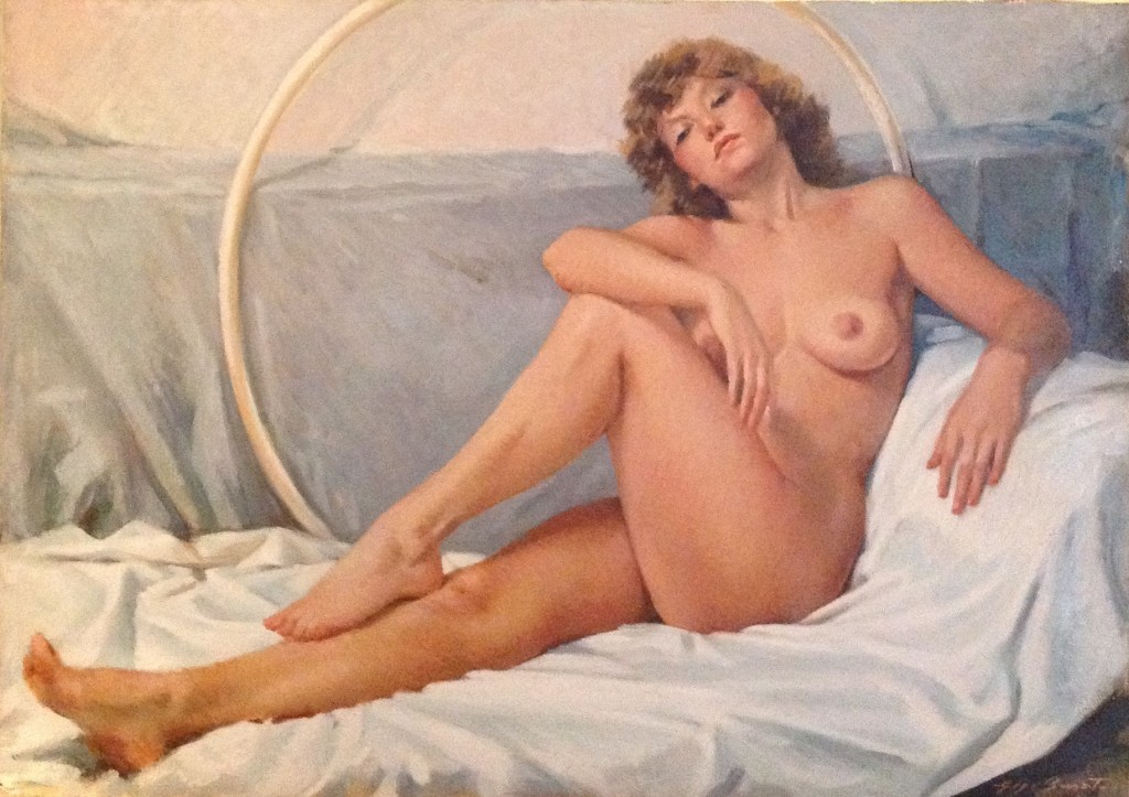 Bea, di Gigi Busato. Donna nuda in posa distesa, Pittura olio su tela, collezione di famiglia