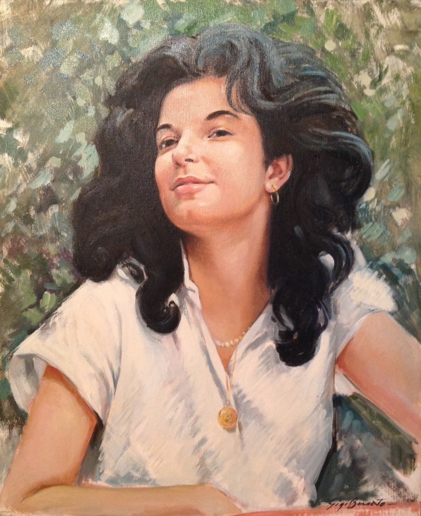 Ragazza persiana di Gigi Busato. Pittura olio su tela, ritratto di giovane ragazza con i capelli al vento. Collezione di famiglia.