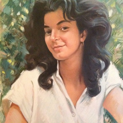 Ragazza persiana di Gigi Busato. Pittura olio su tela, ritratti di giovane ragazza con i capelli al vento. Collezione di famiglia.