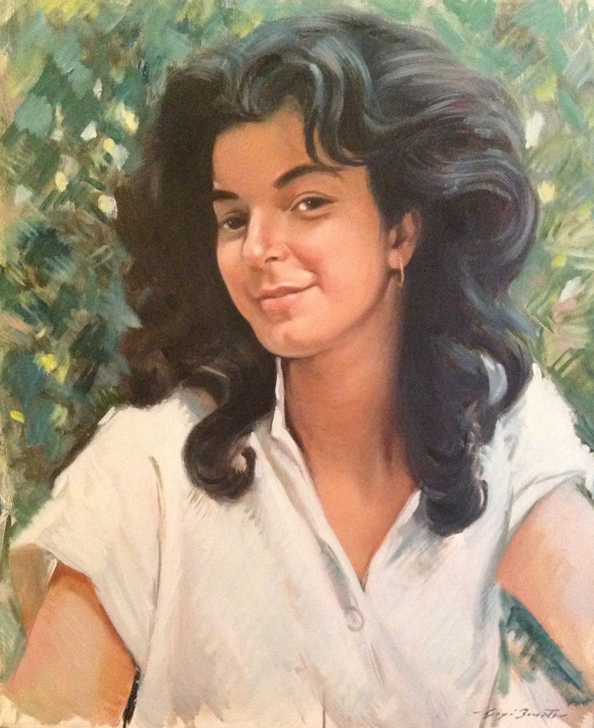 Ragazza persiana di Gigi Busato. Pittura olio su tela, ritratti di giovane ragazza con i capelli al vento. Collezione di famiglia.