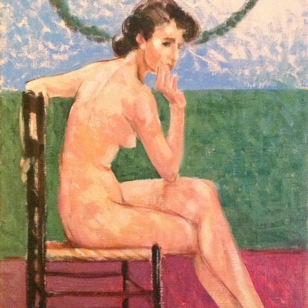 Tacco e posa di Gigi Busato. Pittura olio su tela, nudo di donna seduta su una sedia. Collezione di famiglia.