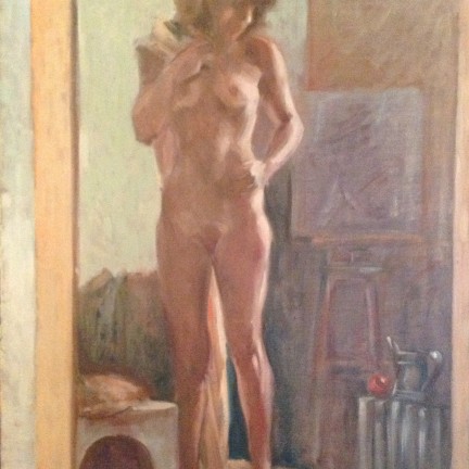 Sola nella stanza di Gigi Busato. Pittura olio su tela, donna nuda in piedi in posa davanti ad uno specchio. Collezione di famiglia.