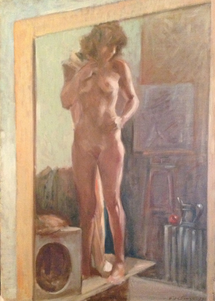 Sola nella stanza di Gigi Busato. Pittura olio su tela, donna nuda in piedi in posa davanti ad uno specchio. Collezione di famiglia.