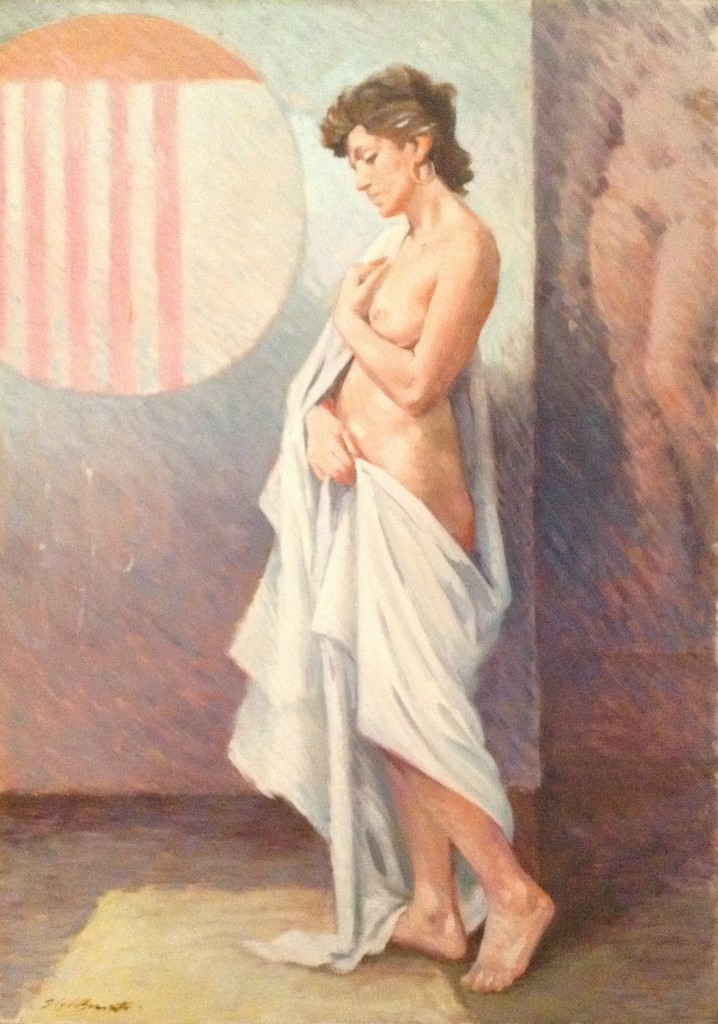 I corpi di Gigi Busato. Pittura olio su tela di donna nuda in posa avvolta da un telo bianco. Collezione di famiglia.