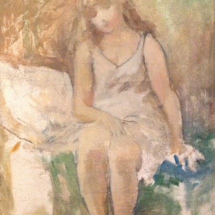 Levar di Gigi Busato. Pittura olio su tela, giovane donna che si alza dal letto. Collezione di famiglia.