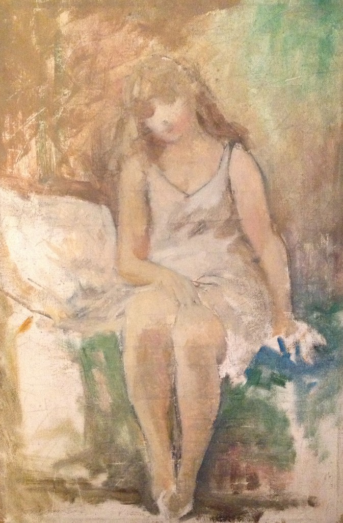 Levar di Gigi Busato. Pittura olio su tela, giovane donna che si alza dal letto. Collezione di  famiglia.