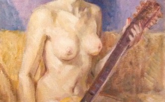 Posa di Gigi Busato. Pittura olio su tela di donna nuda in posa seduta con una chitarra. Collezione di famiglia