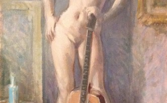 Posa di Gigi Busato. Pittura olio su tela di donna nuda in piedi con una chitarra. Collezione di famiglia.