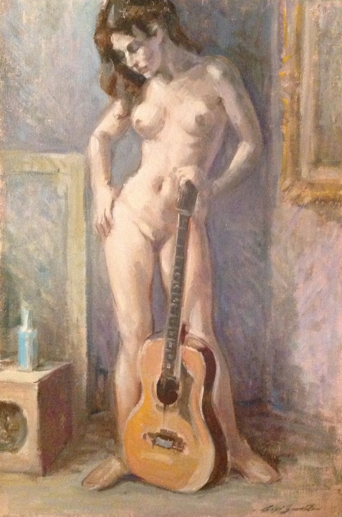 Posa di Gigi Busato. Pittura olio su tela di donna nuda in piedi con una chitarra. Collezione di famiglia.