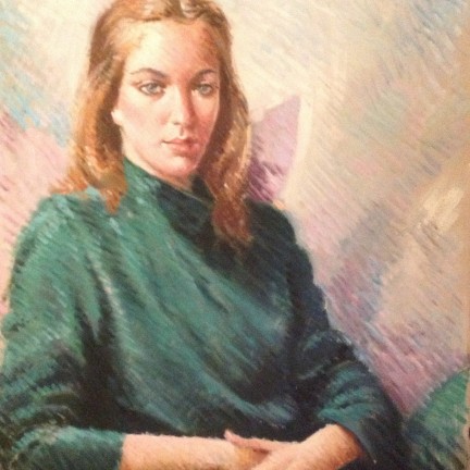 Silenziosa di Gigi Busato. Pittura olio su tela di giovane donna in posa seduta. Collezione di famiglia.