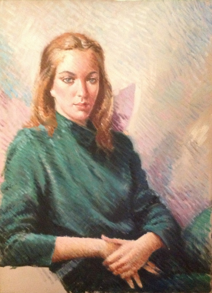 Silenziosa di Gigi Busato. Pittura olio su tela di giovane donna in posa seduta. Collezione di famiglia.