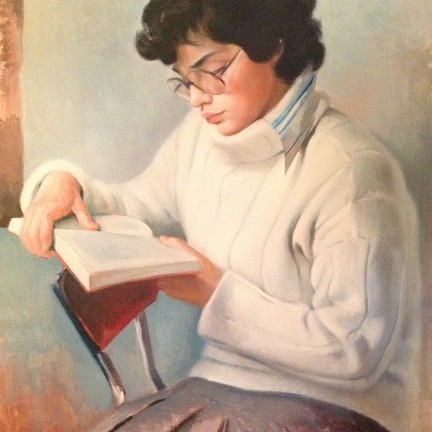 Lettura e pittura di Gigi Busato. Pittura olio su tela di giovane ragazza seduta che legge. Collezione di famiglia.