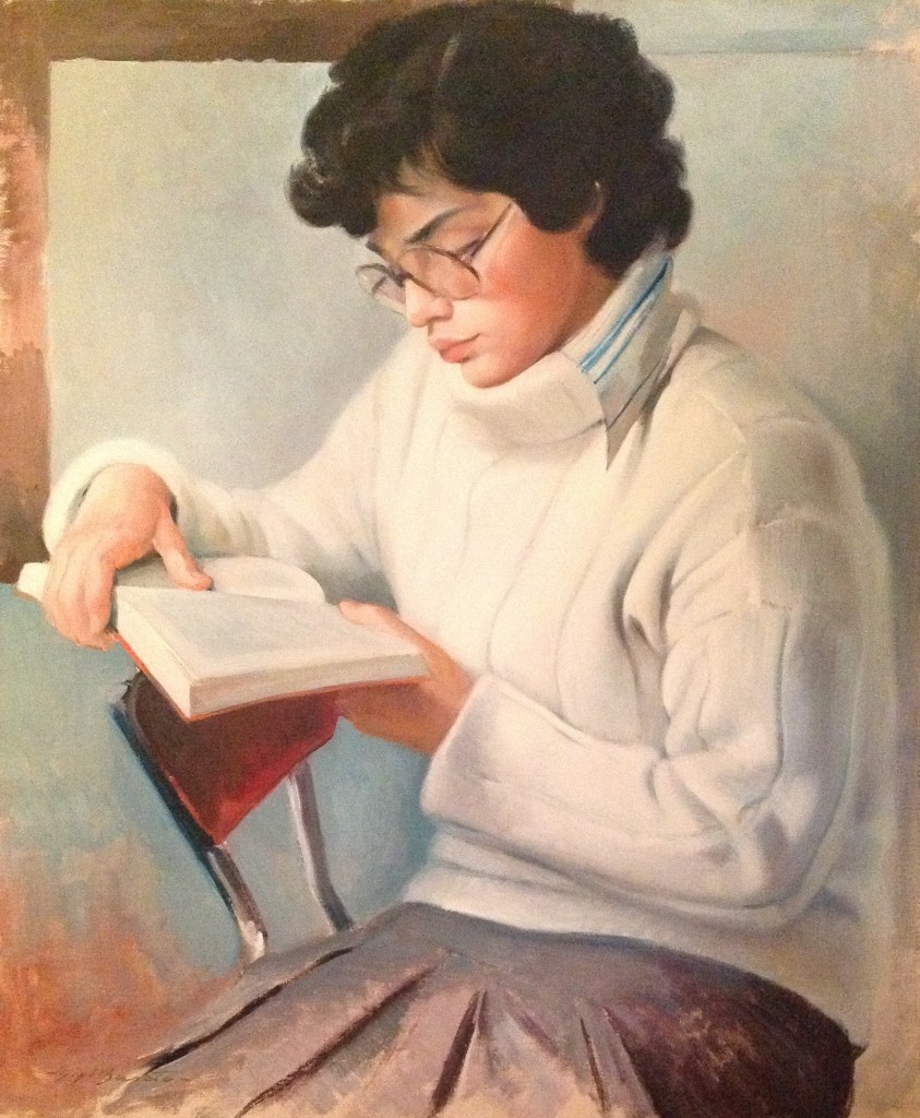 Lettura e pittura di Gigi Busato. Pittura olio su tela di giovane ragazza seduta che legge. Collezione di famiglia.