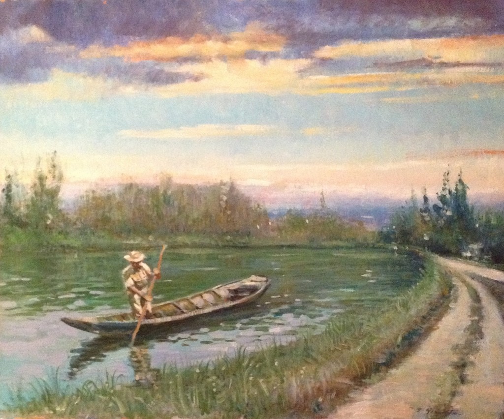 Lento va... di Gigi Busato. Pittura olio su tela, uomo che lento va con la sua barca lungo il fiume al tramonto. Collezione di famiglia. 