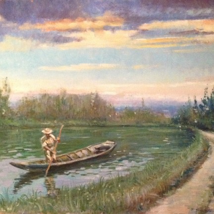 Lento va... di Gigi Busato. Pittura olio su tela, uomo che lento va con la sua barca lungo il fiume al tramonto. Collezione di famiglia.