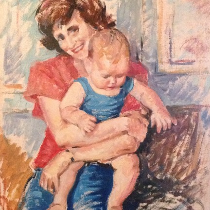 Famiglia di Gigi Busato. Pittura olio su tavola ritratto di donna che abbraccia un bambino. Collezione di famiglia