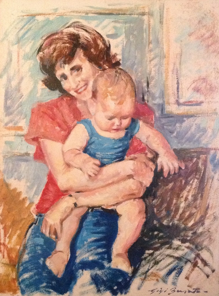Famiglia di  Gigi Busato. Pittura olio su tavola ritratto di donna che abbraccia un bambino. Collezione di famiglia