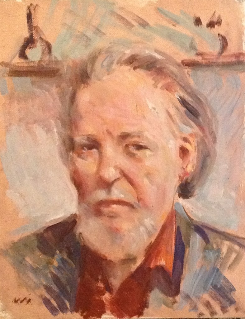 Autoritratto di Gigi Busato. Pittura olio su tavola, ritratto del maestro. Collezione di famiglia