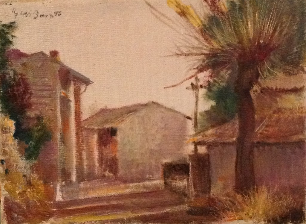 Giunti alla meta di Gigi Busato. Pittura olio su tavola, borgo con case e palme. Collezione di famiglia.
