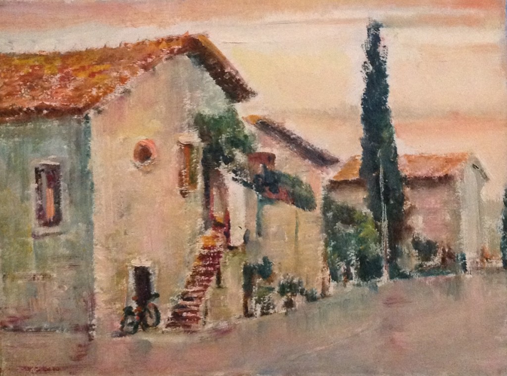 Sosta di Gigi Busato. Pittura olio su tavola, piccolo borgo. Collezione di famiglia.